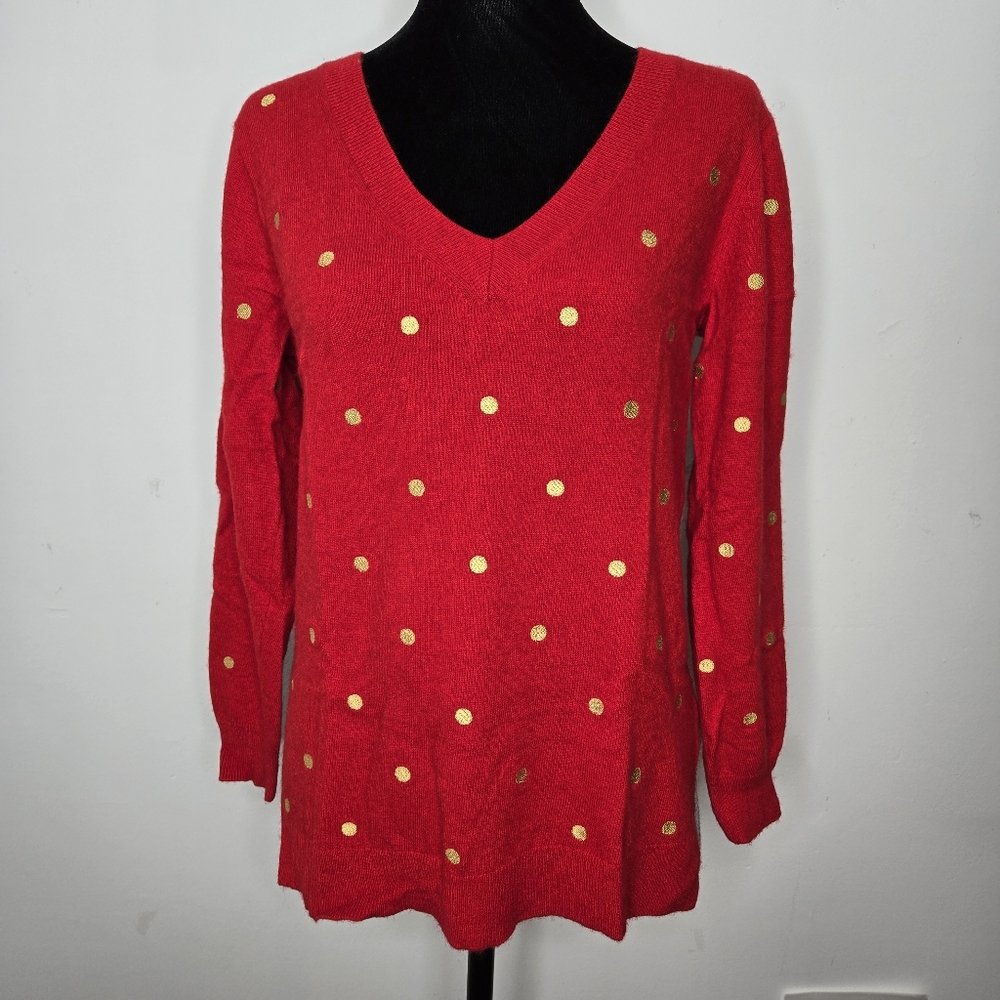 J. Crew V-Neck Sweater Size LP Red Gray Merino Blend Embroidered Polka Dot